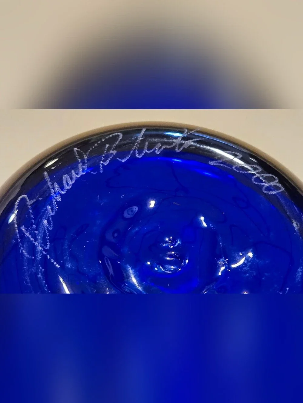 Signed Richard Blenko Cobalt Blue Glass Vase with Amber Spiral Accent
